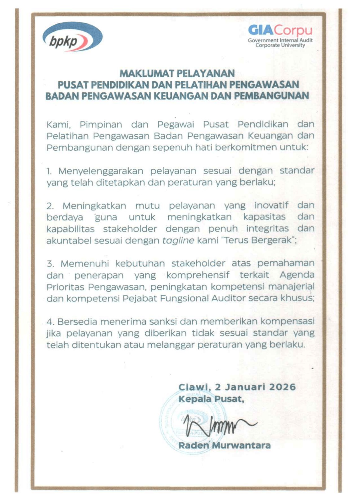 Maklumat Pelayanan Pusdiklatwas BPKP Tahun 2026